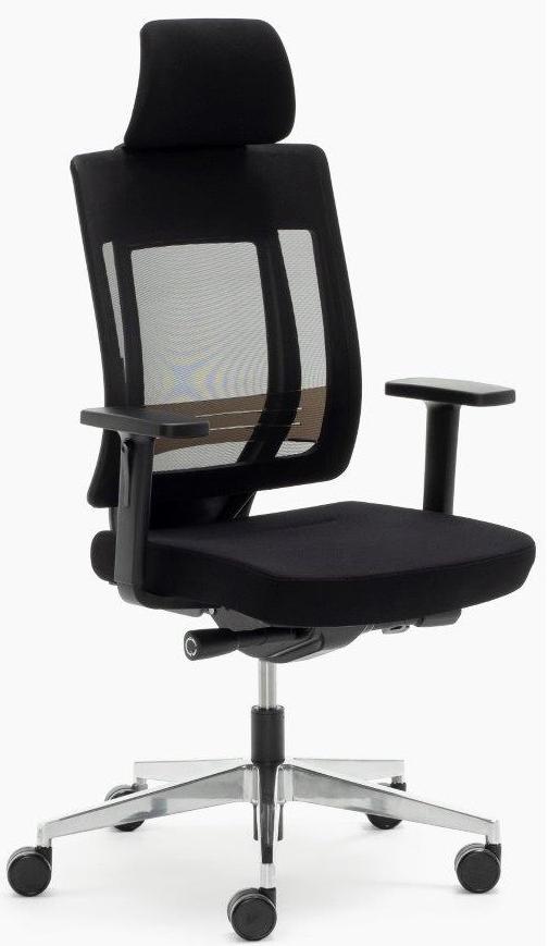 Sillas Montreal AGN mecanizado sincro con respaldo en malla negra y cabezal asiento tapizado en tela negra, brazos regulables, base aluminio pulido.
