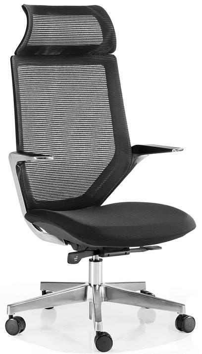 SillaS Tokio CGN respaldo en malla negra asiento tapizado en tela negra sistema sincron brazos y base en aluminio pulido con cabezal .
